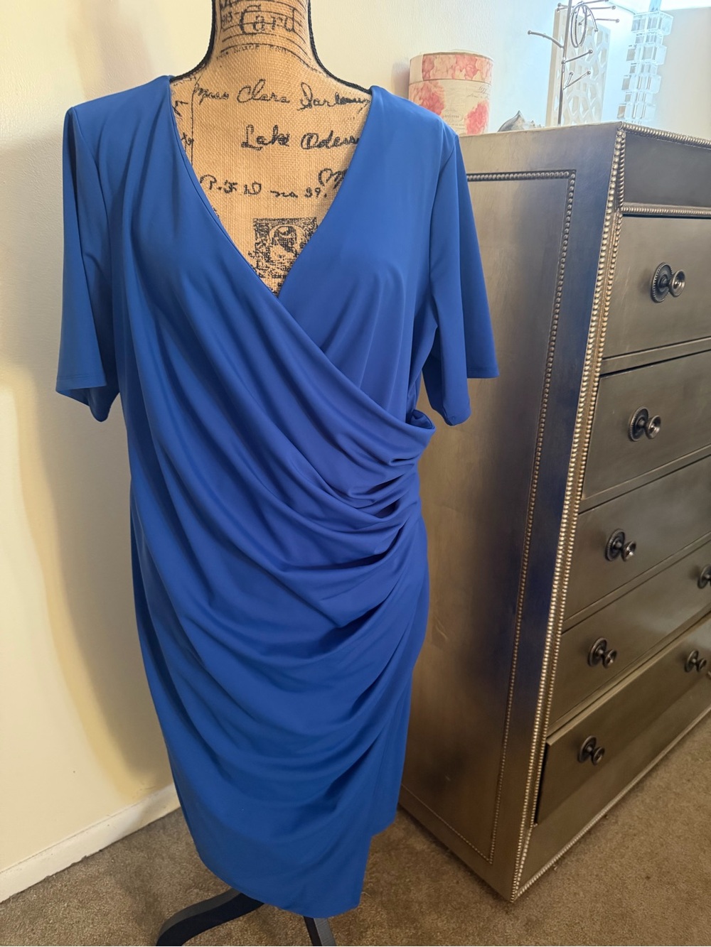 Adrianna Papell Cobalt Blue Faux-Wrap Midi Dress